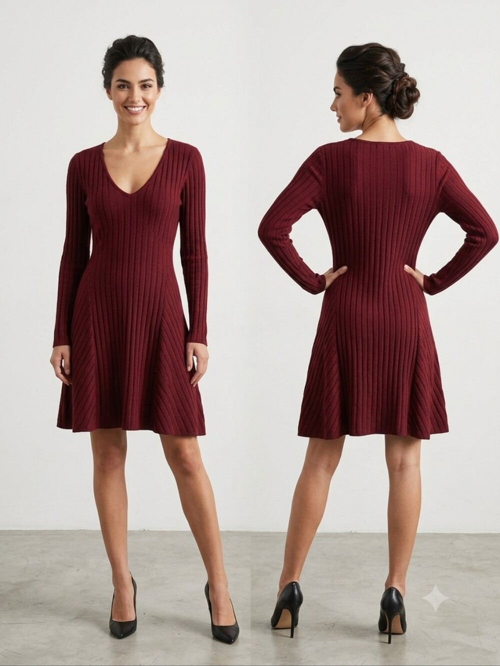 HALARA Ribbed V‑Neck Long Sleeve Fit‑Flare Dress - Burgundy